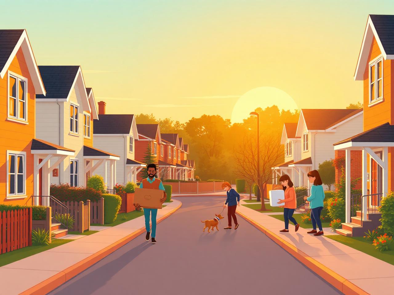 Neighbors carrying packages and helping in a neighborhood